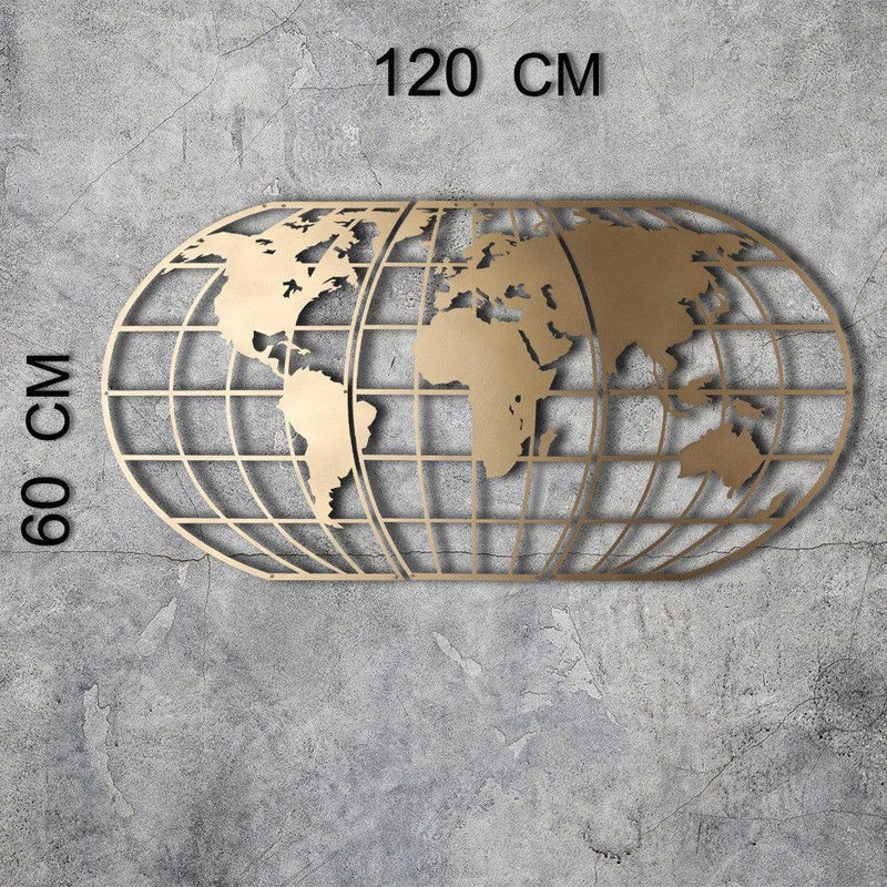 Decoratiune de perete Metal World Map Globe - Gold, Aur, 120x1x60 cm