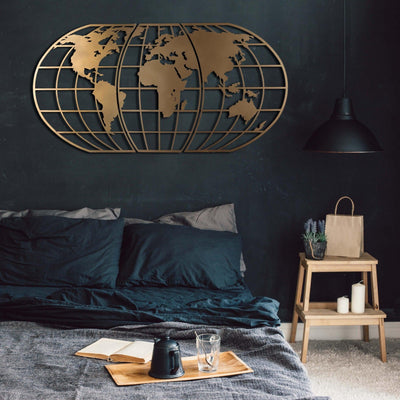 Decoratiune de perete Metal World Map Globe - Gold, Aur, 120x1x60 cm