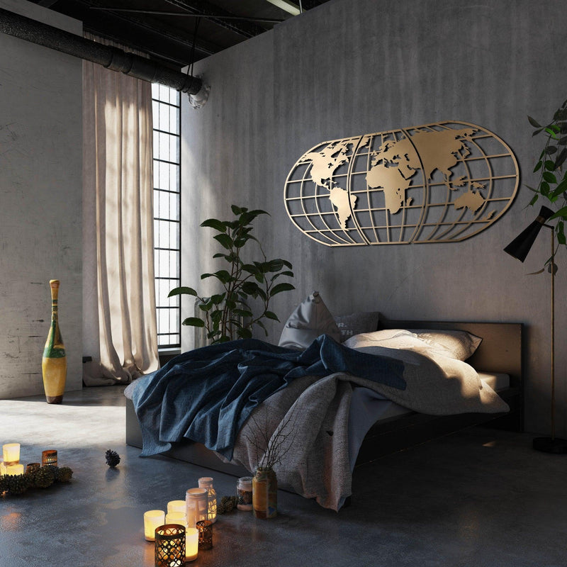 Decoratiune de perete Metal World Map Globe - Gold, Aur, 120x1x60 cm
