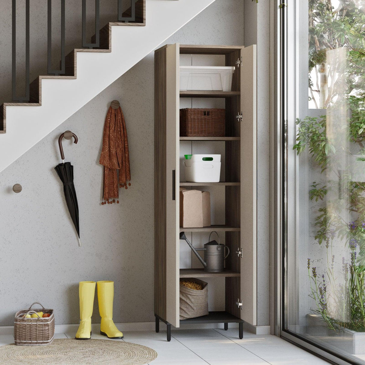 Dulap Multifunctional Rime cu 2 usi si 5 rafturi, Maro, 50 x 184 x 36 cm