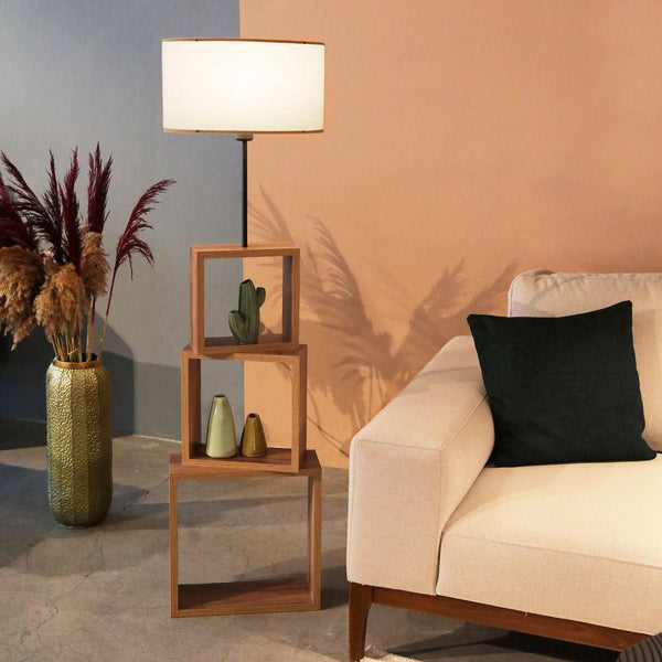 Lampadar Din Lemn Cu Biblioteca Robinson, Crem, 20x37x140 cm