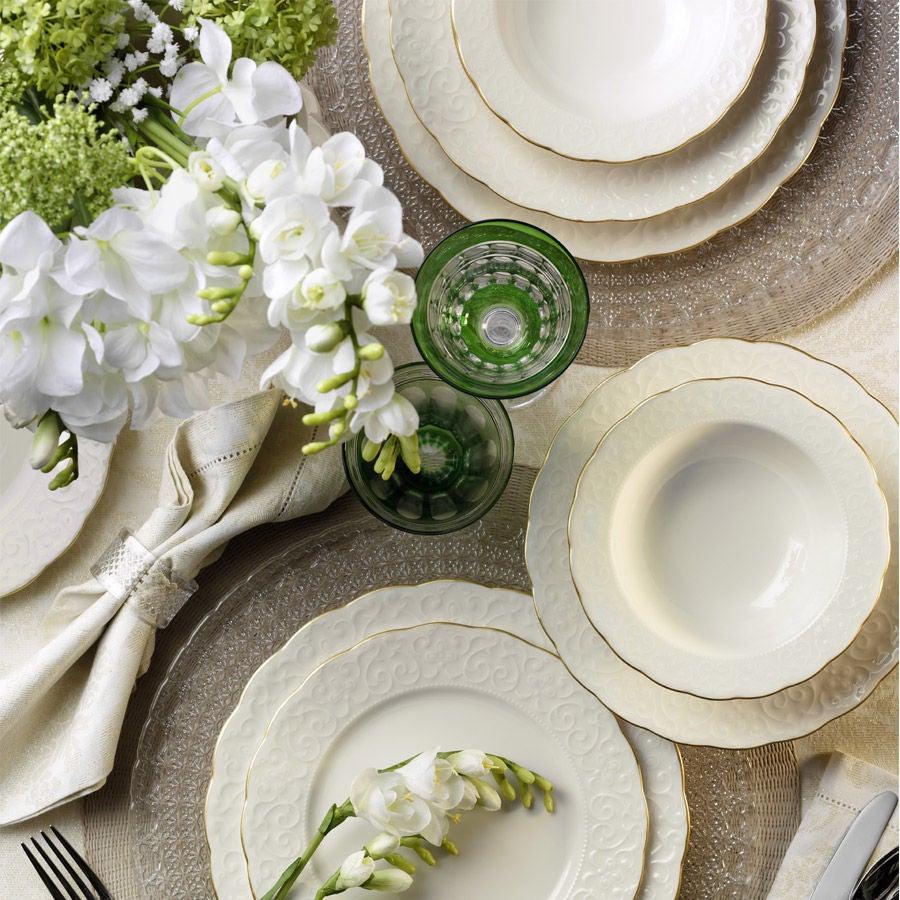 Serviciu de masa, 24 piese, Portelan, Alb - Auriu