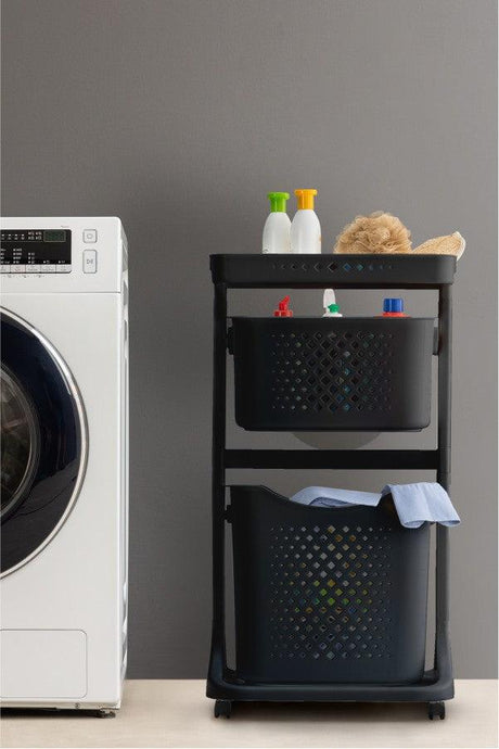 Set cos de rufe cu roti, Negru, 44 x 84 x 19 cm