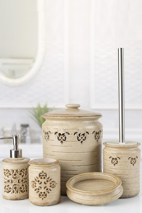 Set de Baie Lux Freda, Bej, Dozator de sapun, Perie, Suport de periuta de dinti, Sapuniera, Coș de Gunoi