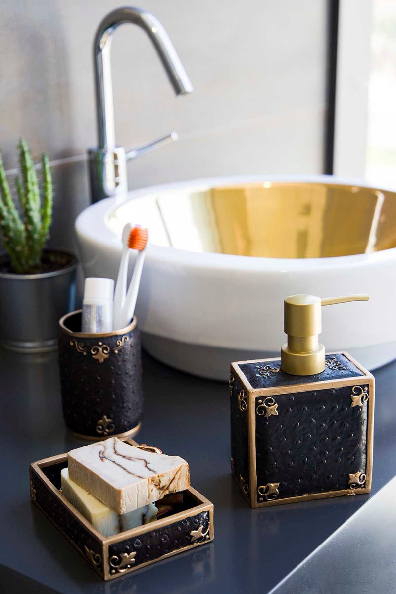 Set de Baie Lux Luxton, Negru, Dozator de sapun, Perie, Suport de periuta de dinti, Sapuniera