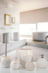 Set de Baie Lux Vanessa , Crem, Dozator de sapun, Perie, Suport de periuta de dinti, Sapuniera, Coș de Gunoi