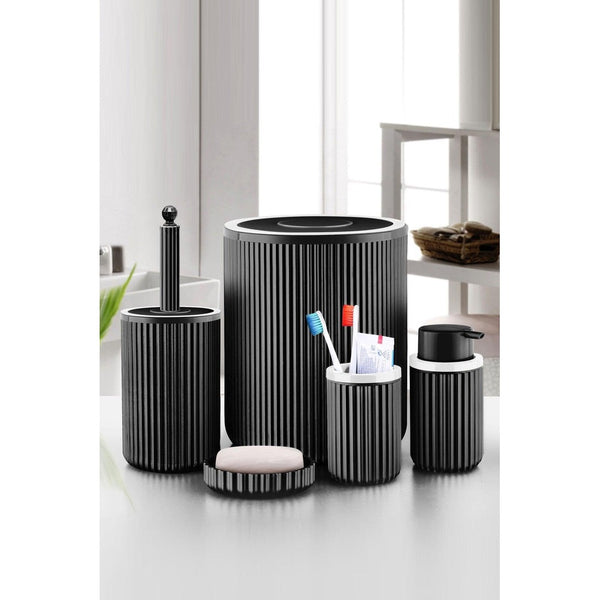 Set de baie Mert, Dozator de sapun, Perie, Suport de periuta de dinti, Sapuniera, Coș de Gunoi, 34x13x9 cm