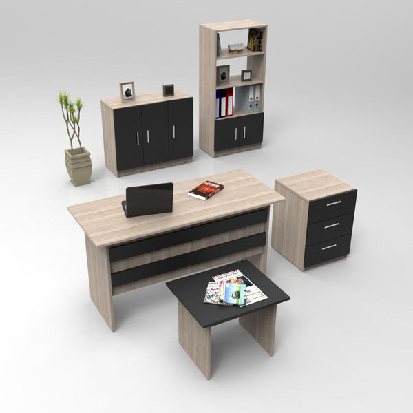 Set de mobilier de birou Barsto, Alb - Nuc - Stejar, 5 piese Elegante, 140x60x74 cm
