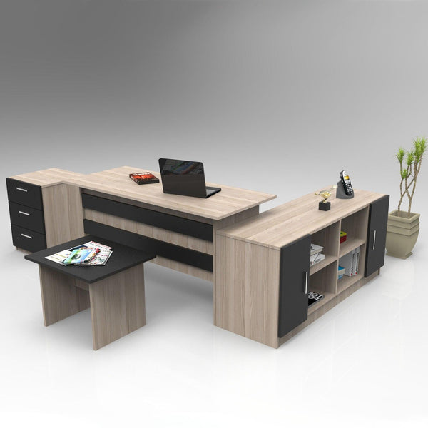 Set de mobilier de birou Bexon, Nuc - Alb - Stejar, Birou - Comoda - Rollbox - Masuta, 140x60x74 cm