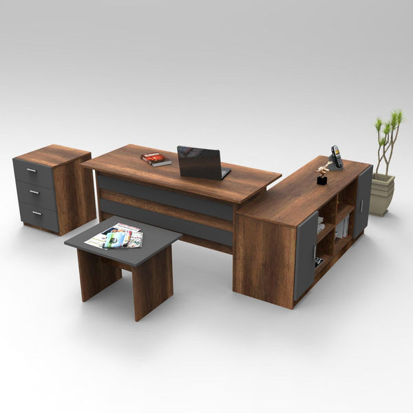 Set de mobilier de birou Bexon, Nuc - Alb - Stejar, Birou - Comoda - Rollbox - Masuta, 140x60x74 cm
