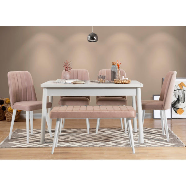 Set Masa Bucatarie și scaune (6 bucăți) Puren, Alb - Alb / Stejar, 120x75x75 cm