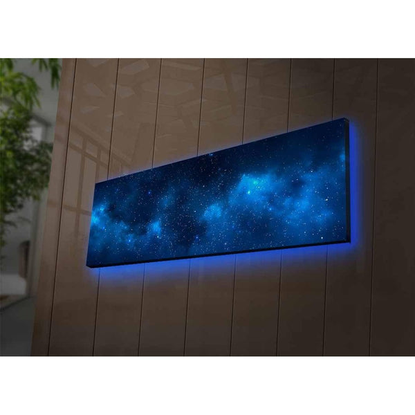 Tablou Canvas cu Led Galaxie fara Priza, Albastru, 90x30 cm
