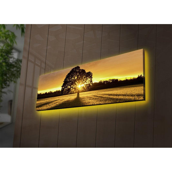 Tablou Canvas cu Led Rasaritul Soarelui fara Priza, Galben, 90x30 cm