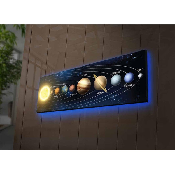 Tablou Canvas cu Led Sistemul Solar fara Priza, Albastru, 90x30 cm