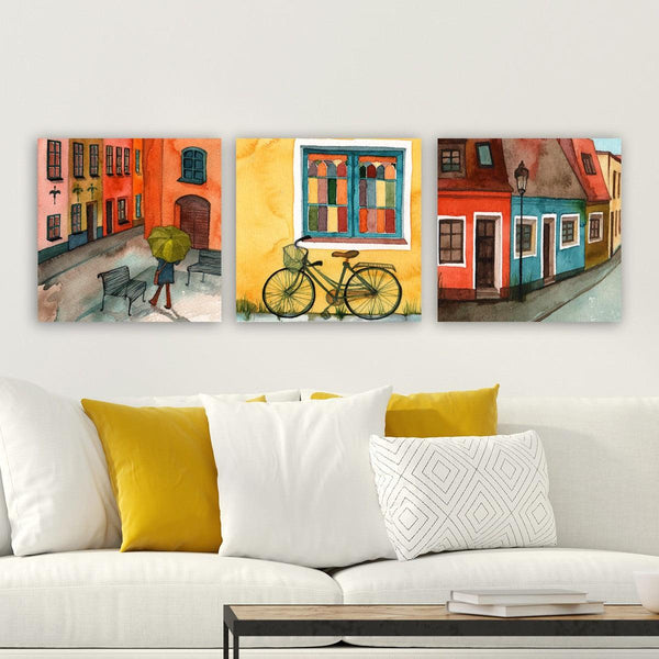Tablou Canvas Strazi Sighisoara, 3 bucăți, Multicolor, 30x90 cm
