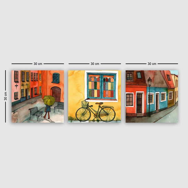 Tablou Canvas Strazi Sighisoara, 3 bucăți, Multicolor, 30x90 cm