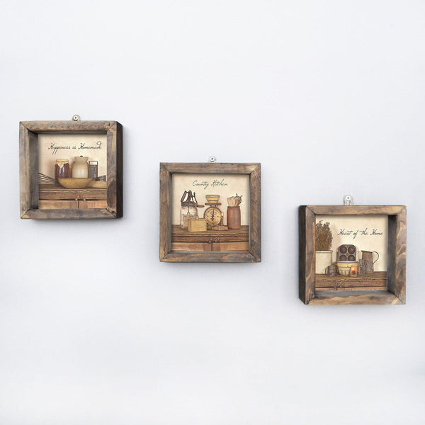 Tablou MDF cu rame Bucatarie Quotes, 3 bucăți, Multicolor, 15x15 cm