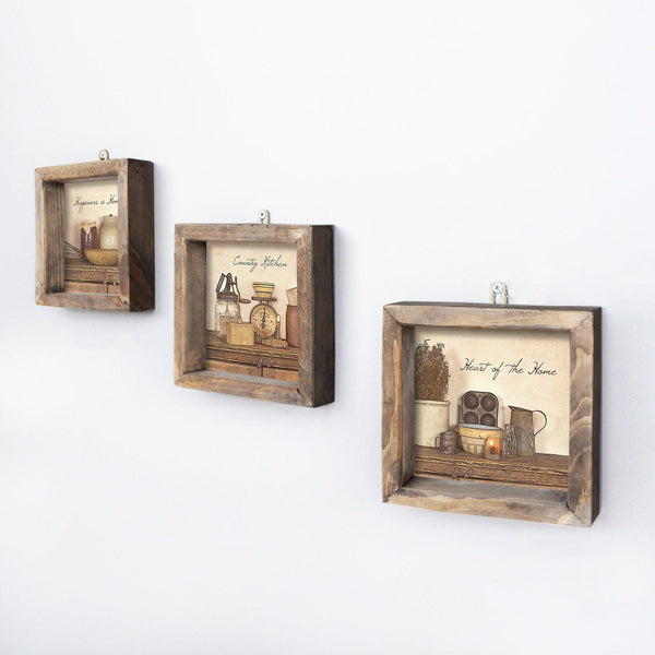 Tablou MDF cu rame Bucatarie Quotes, 3 bucăți, Multicolor, 15x15 cm