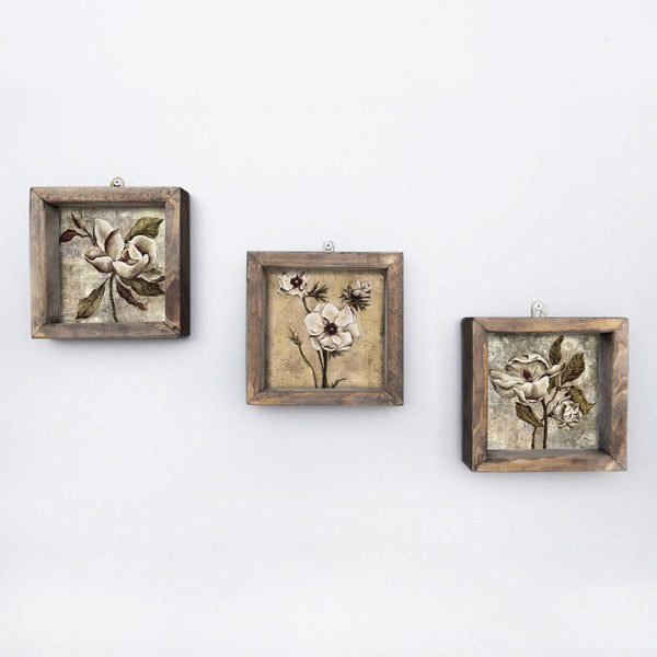 Tablou MDF cu rame Flori Uscate, 3 bucăți, Multicolor, 15x15 cm