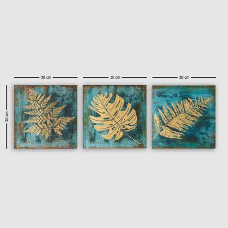 Tablou pânză Frunze, Albastru - Auriu, 30x90 cm, 3 bucăți