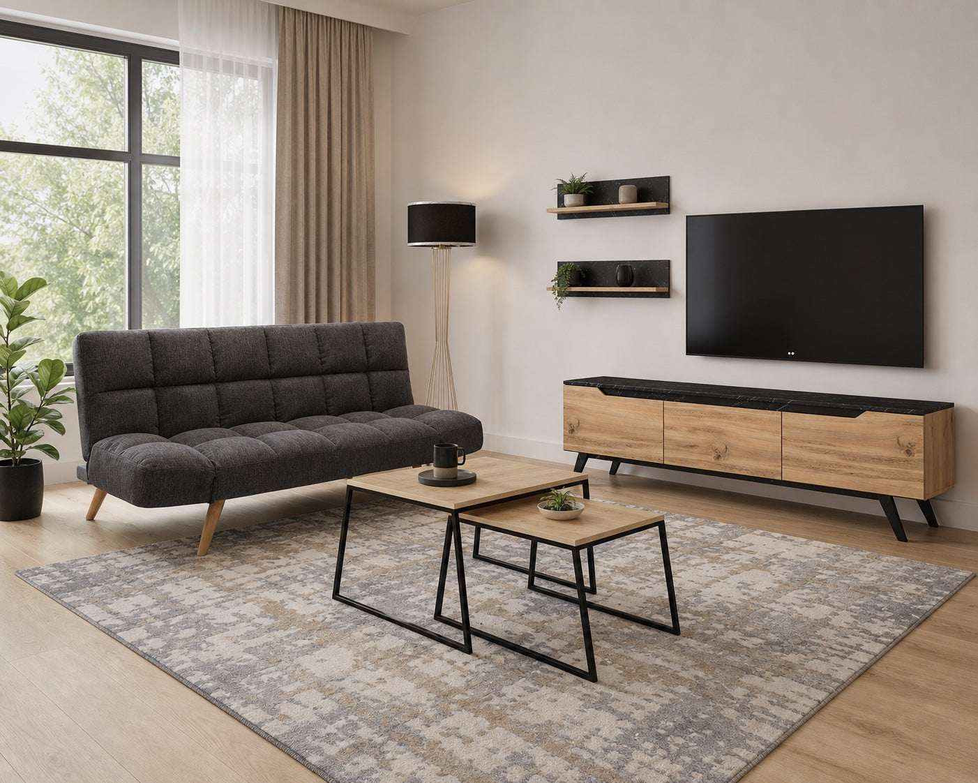 Living modern cu canapea, comodă TV și măsuță Adore, covor și lampadar